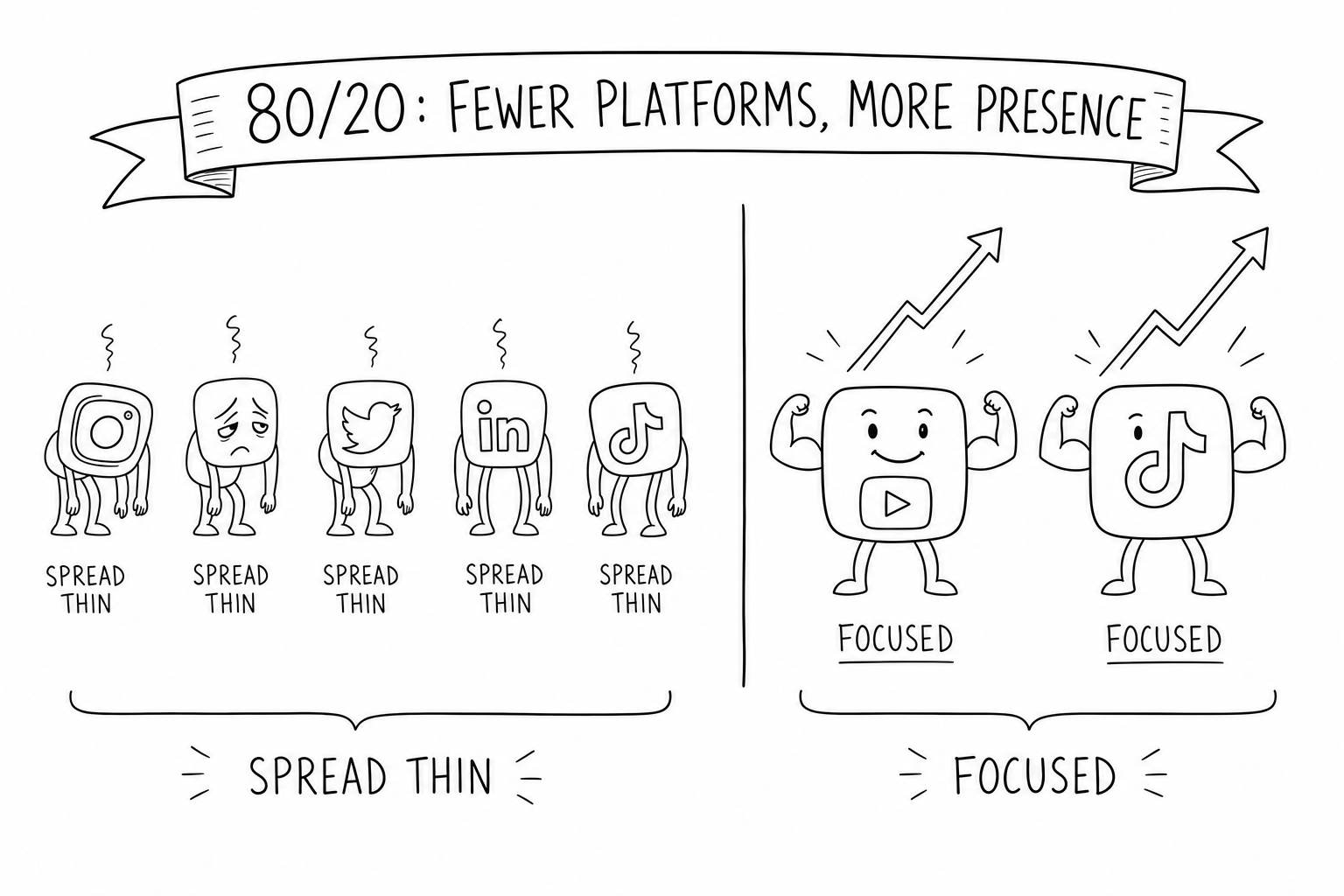 Left, five social-account icons drooping and labeled SPREAD THIN; right, two strong account icons with upward growth arrows labeled FOCUSED — under a banner reading 80/20: FEWER PLATFORMS, MORE PRESENCE