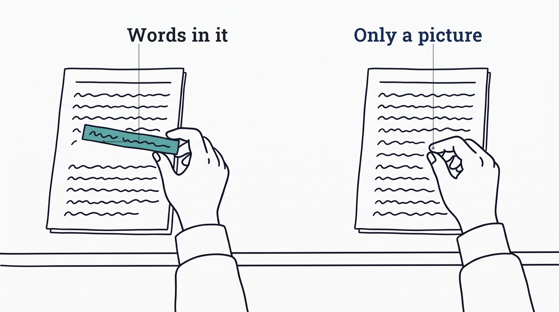 Two identical printed pages side by side, a hand lifting a line of type cleanly off the first and finding nothing to lift on the second, because a page that is only a photograph of a page has no words in it.