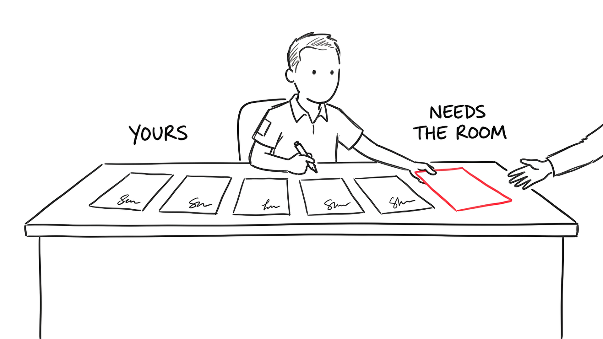Five signed sheets in front of one officer, and a sixth being pushed across the desk to somebody else.