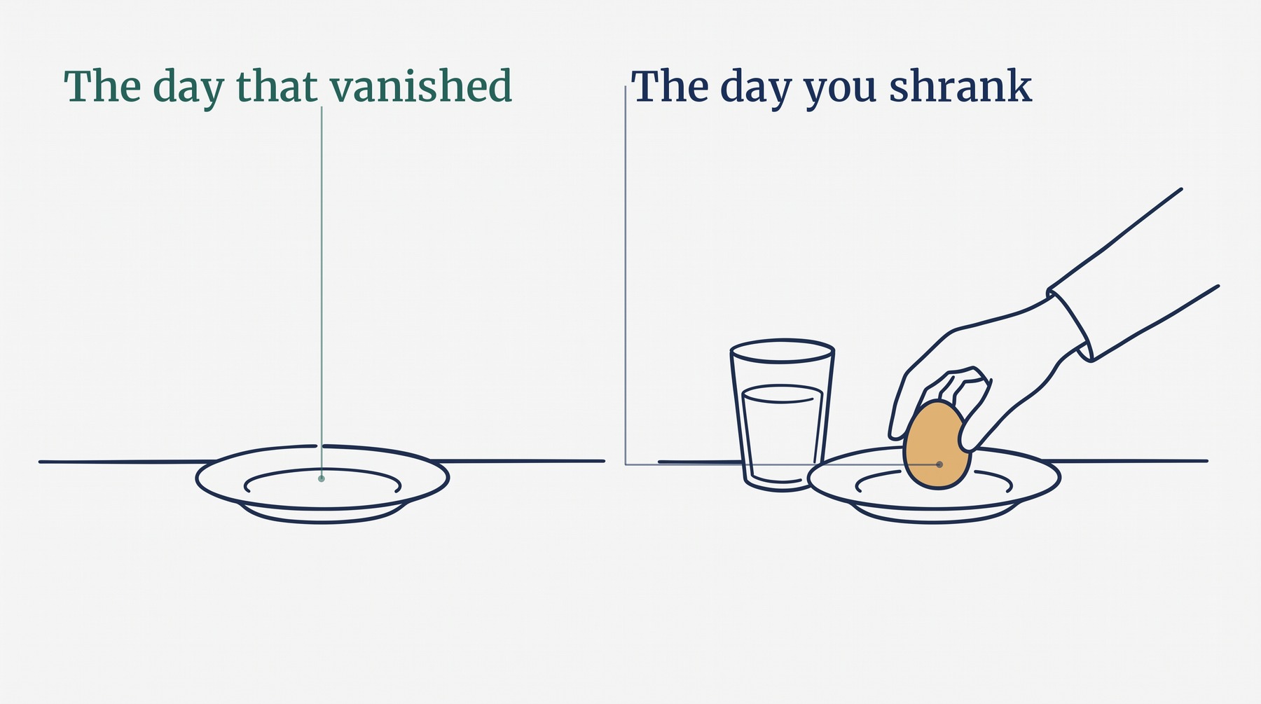 Two identical side plates on one kitchen counter, the left one bare and the right one holding a boiled egg and a glass beside it, and a hand resting near the right plate, because the smallest version is still a version.