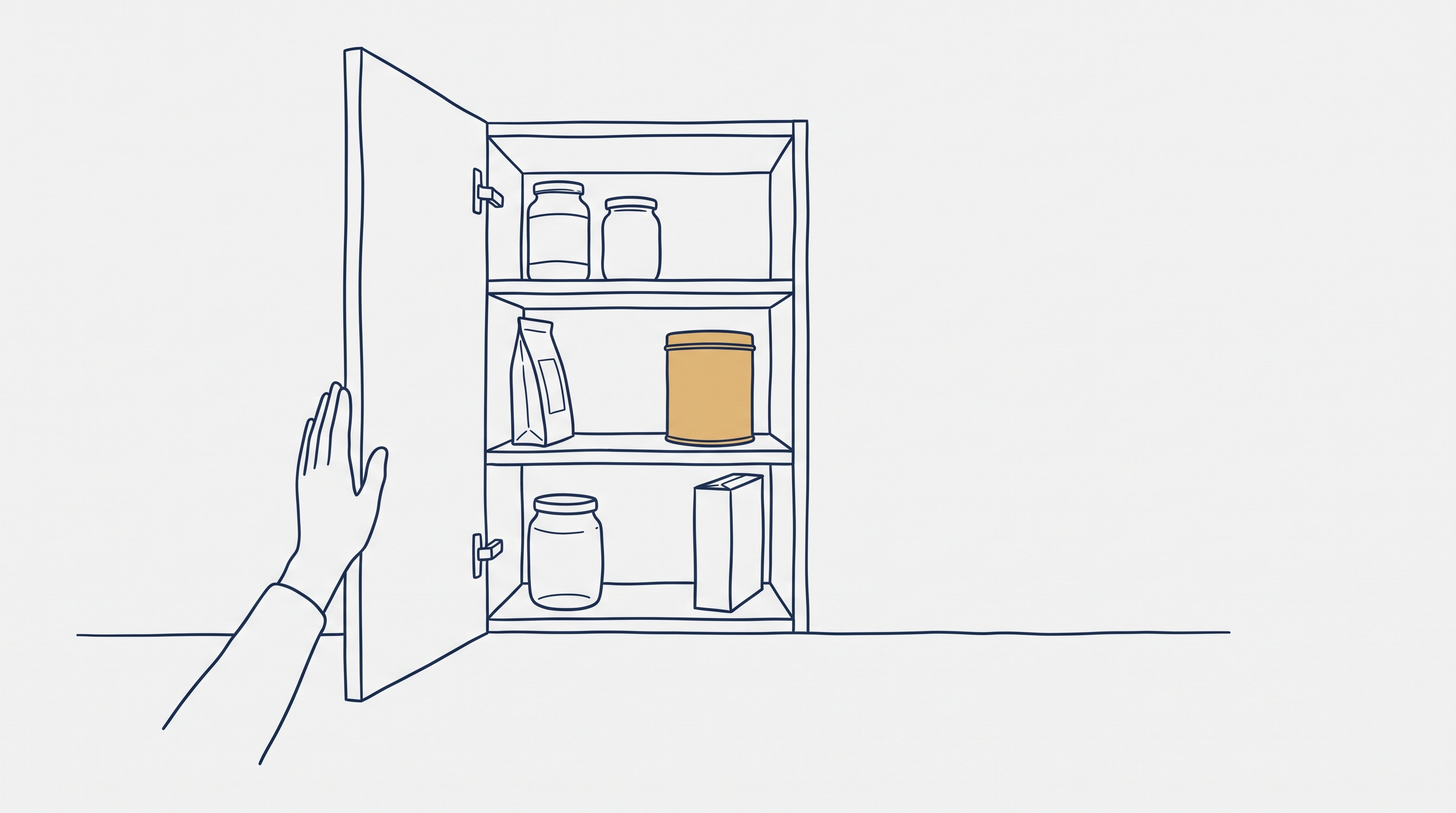 A kitchen cupboard standing open with a hand resting on the edge of the door and every shelf in plain sight, because the first piece of this work is looking at what is actually in there.
